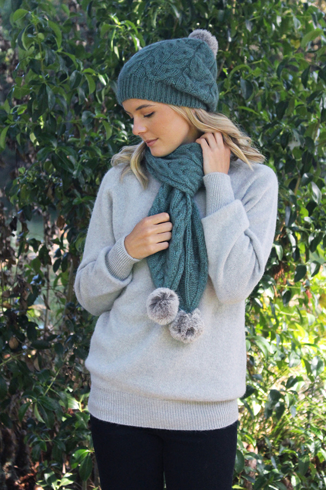 Possum Merino Sage Cable Beanie with Rabbit Fur Pompoms
