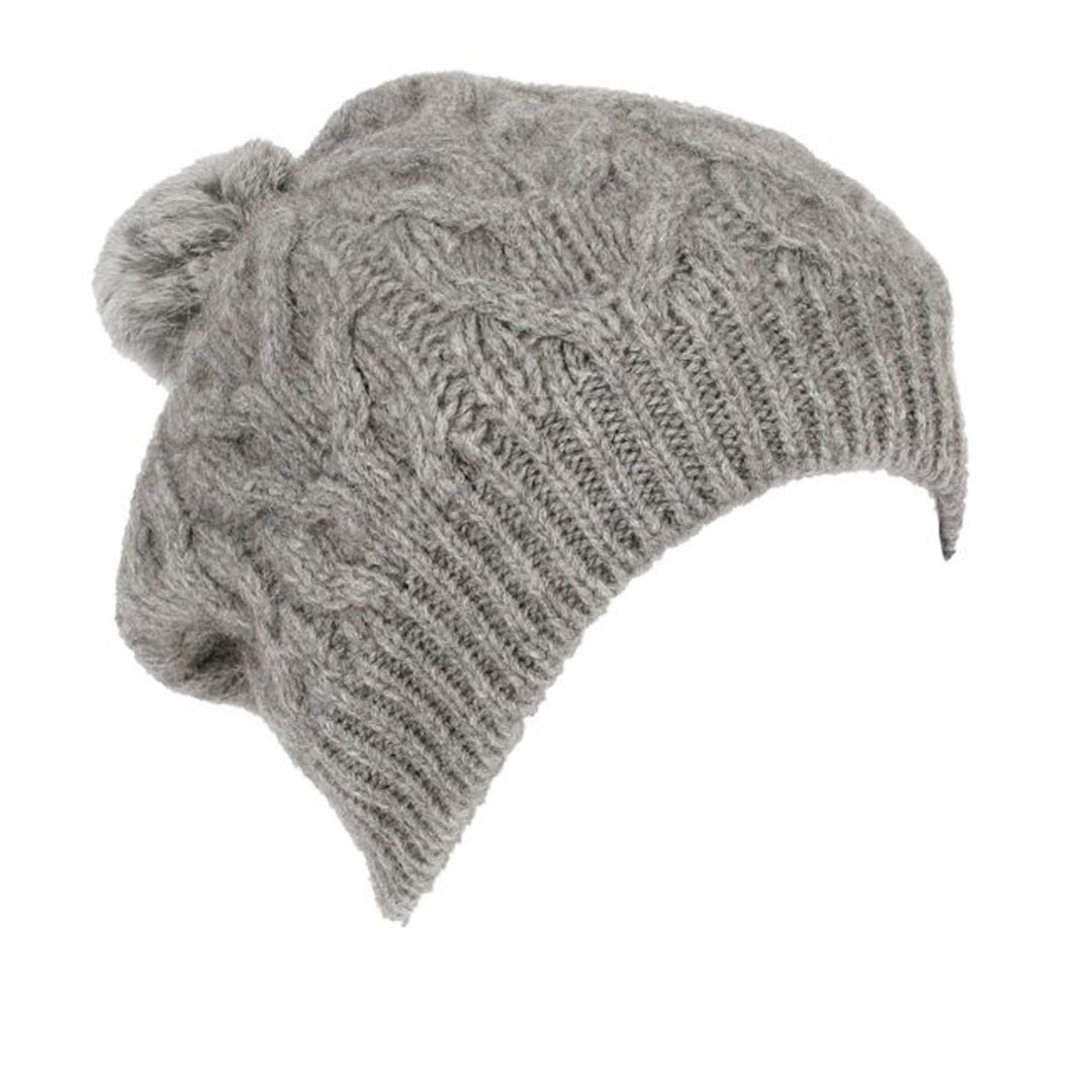 Possum Merino Silver Cable Beanie with Rabbit Fur Pompom