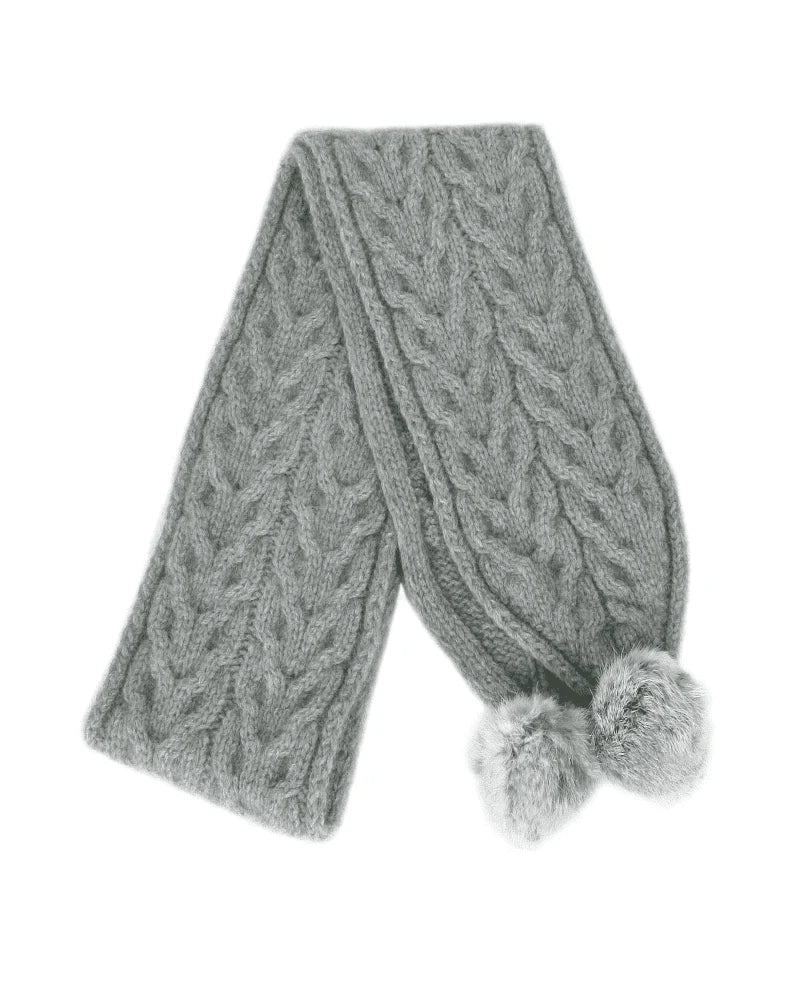 Possum Merino Silver Cable Scarf w/ Rabbit Fur Pompoms