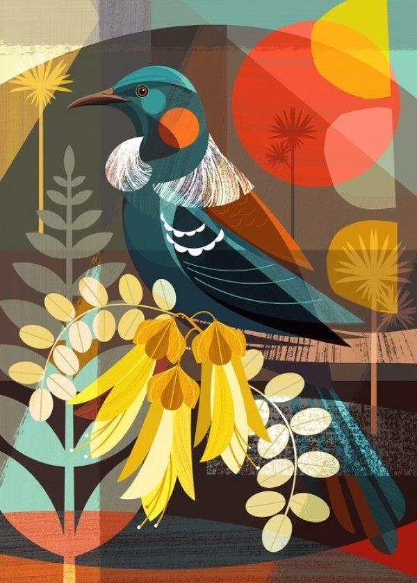 NZ Tui & Kowhai Flowers in White Frame