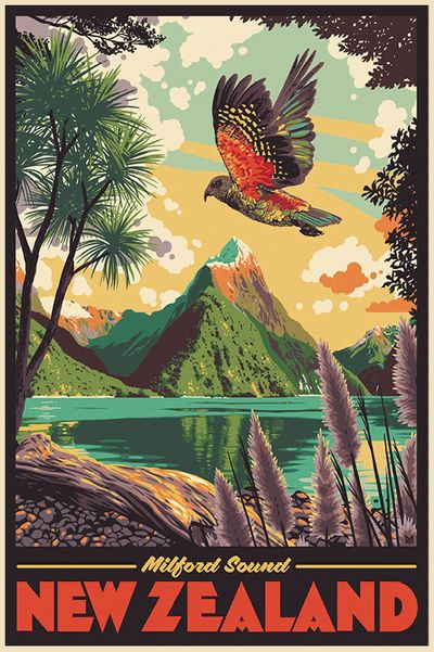 Milford Sound Tea Towel (w/ Kea)