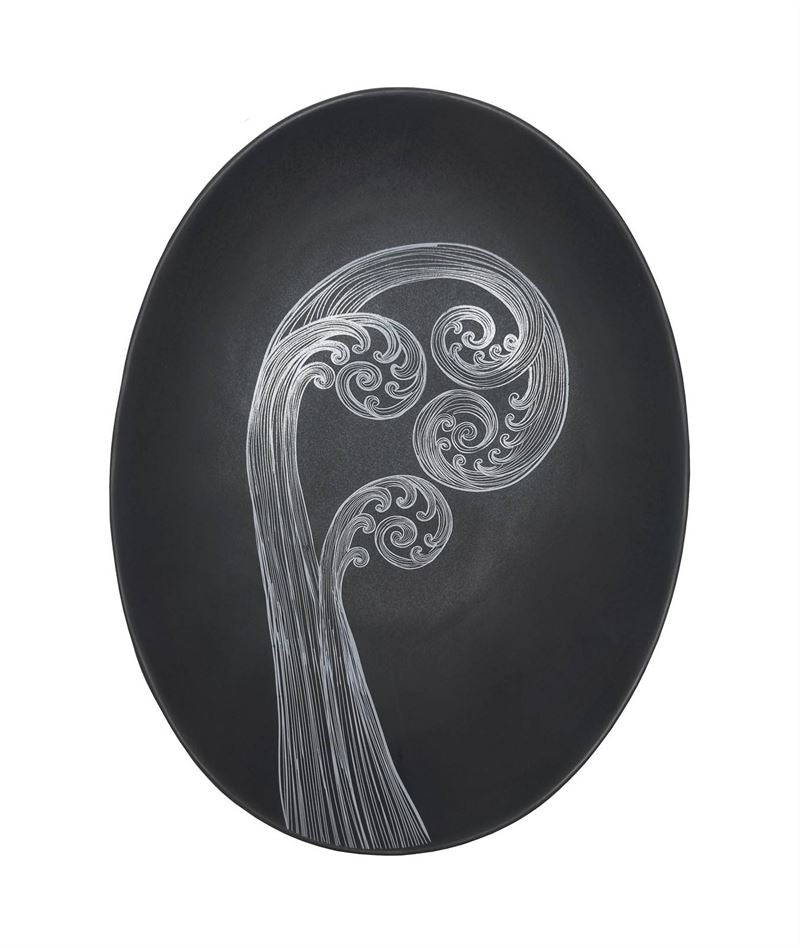 Bowl 24cm Ponga Frond 2 White On Charcoal