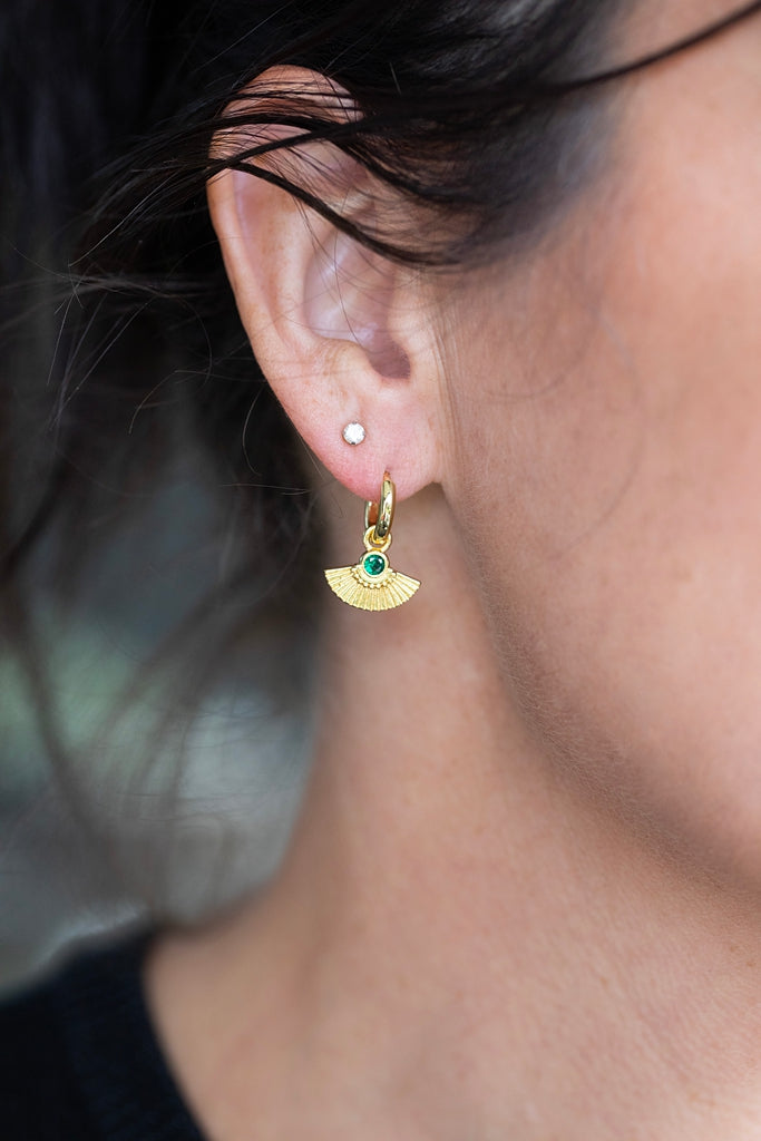Gold Fan Huggie Earring Emerald