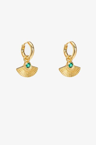 Gold Fan Huggie Earring Emerald