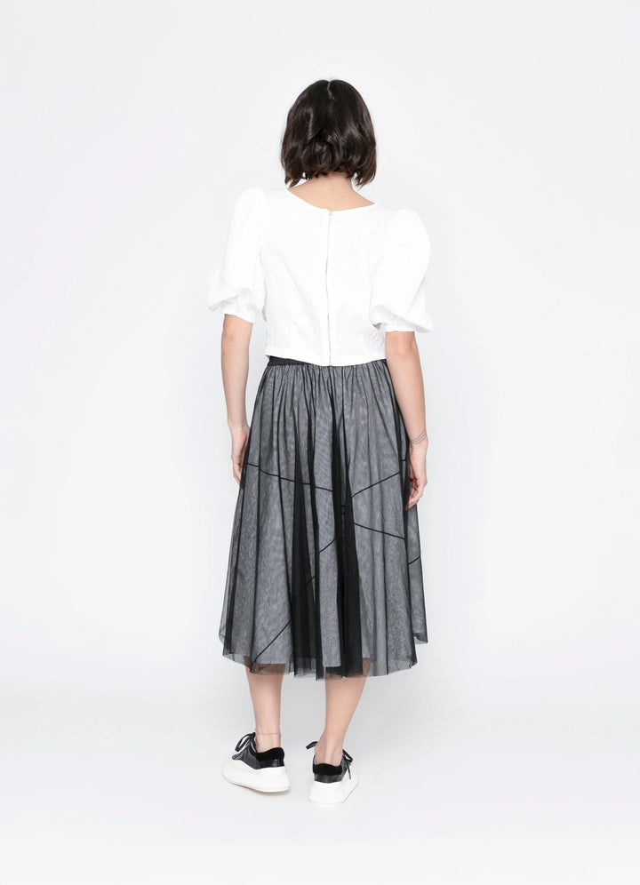 Blacklist Cristina Skirt in White + Black Mesh overlay, back view