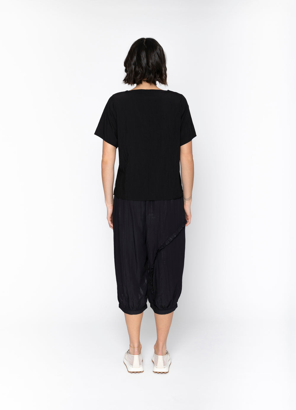 Blacklist Dallas Top in Black + White Trim with ribbon tabs, back view