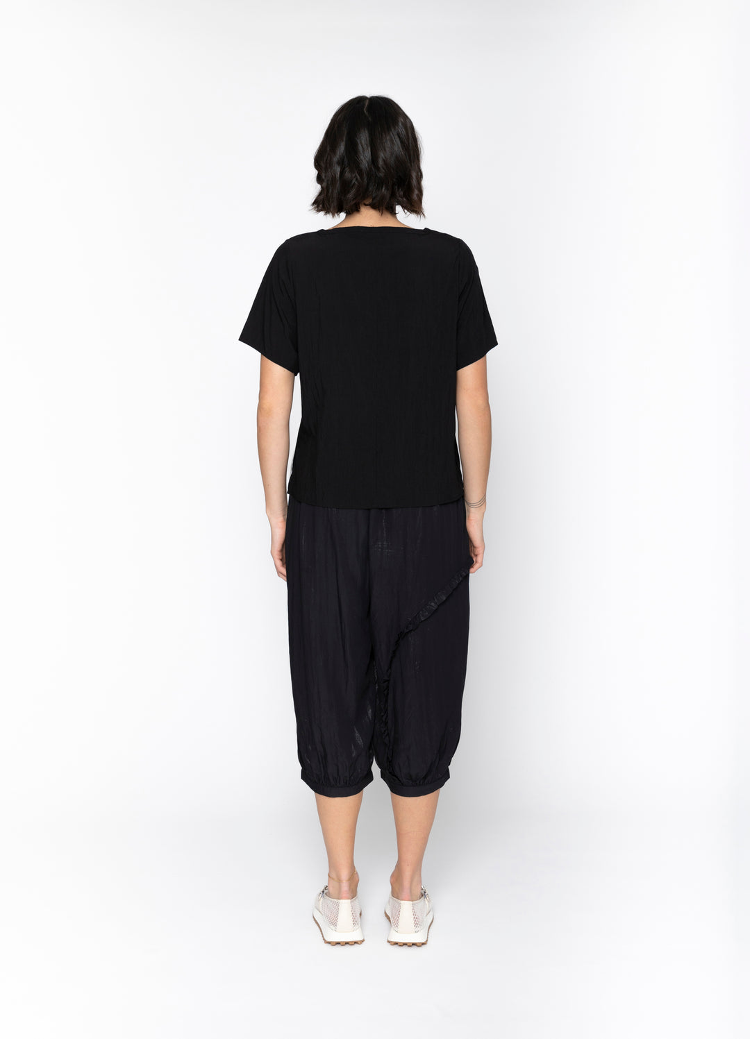 Blacklist Dallas Top in Black + White Trim with ribbon tabs, back view