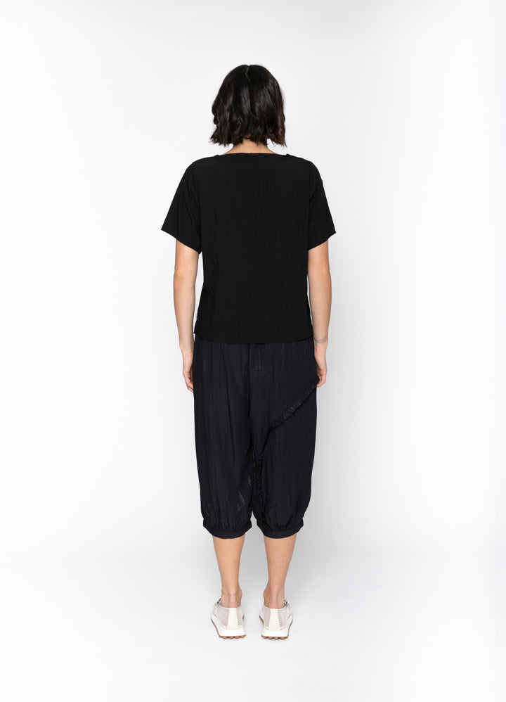 Blacklist Dallas Top in Black + White Trim with ribbon tabs, back view
