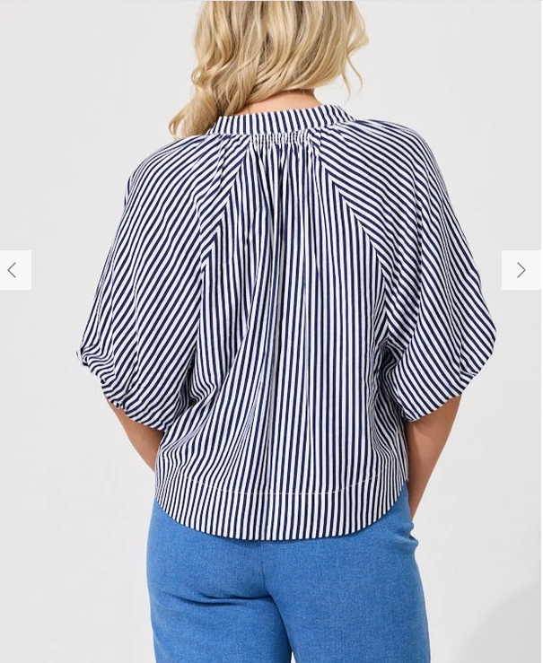 Lemon Tree Manuela Top in Navy Stripe back view featuring vertical stripes and shirred detail.