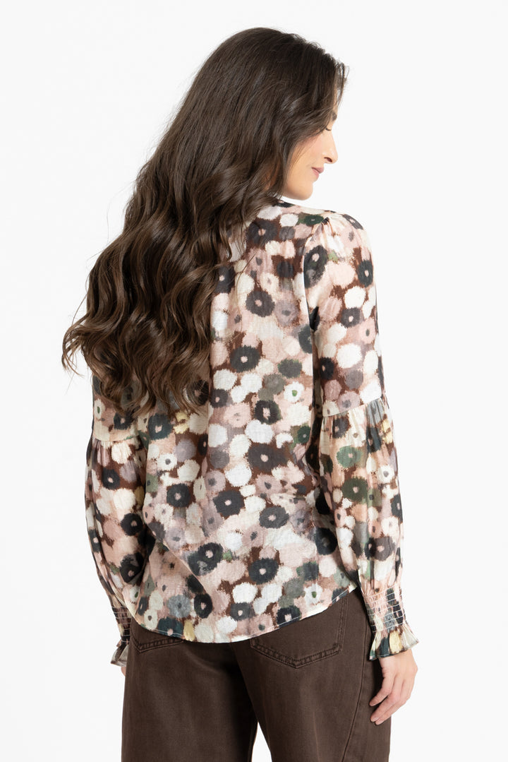 Seeking Lola Vienna Blouse in Blush Poppy floral print back view.