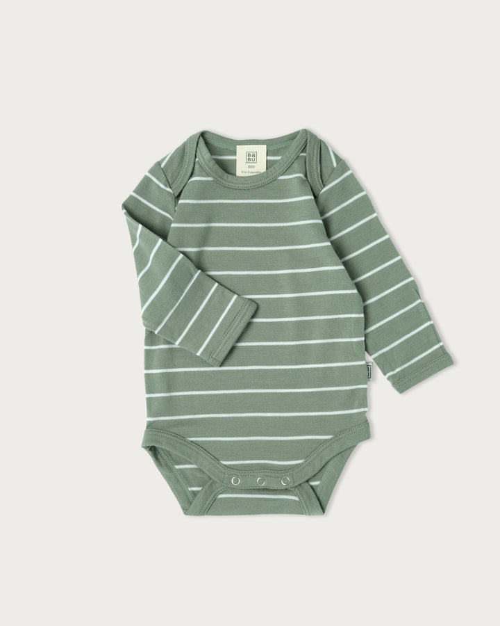 Long Sleeve Merino Bodysuit Sage Stripe 3–6 Months