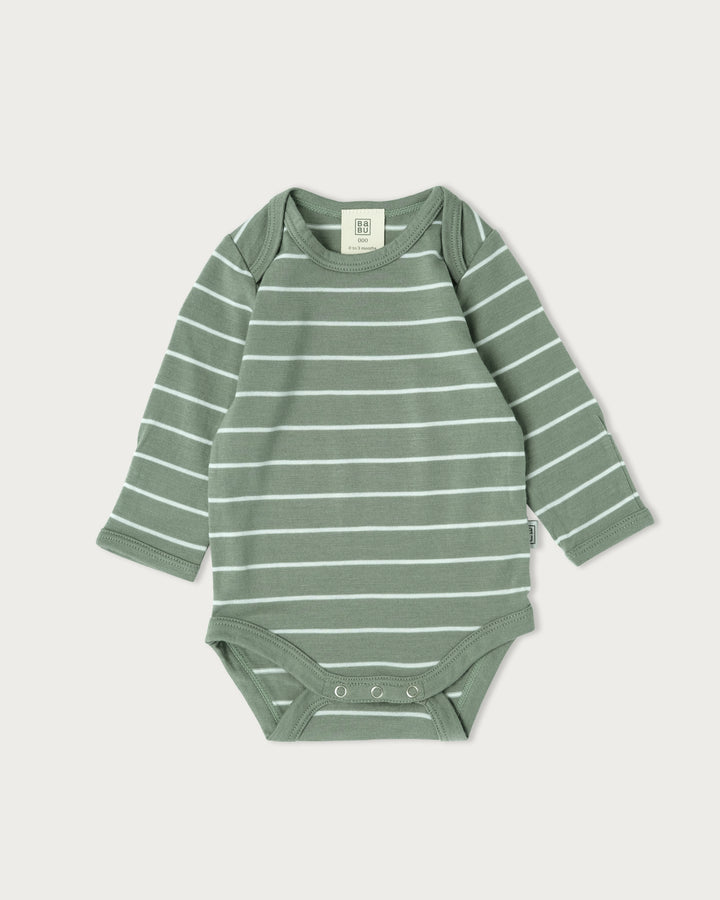 Long Sleeve Merino Bodysuit Sage Stripe 3–6 Months