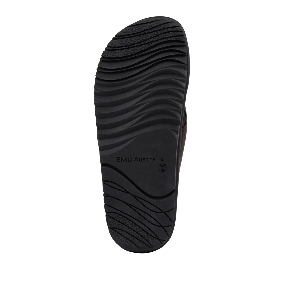 EMU Australia Ebony espresso brown leather crossover slide sandal sole bottom view.