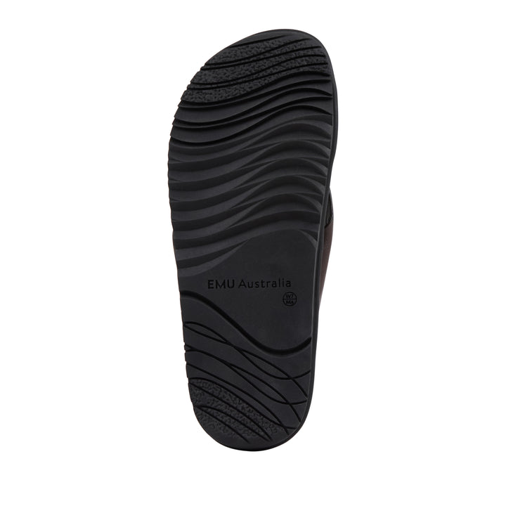 EMU Australia Ebony espresso brown leather crossover slide sandal sole bottom view.