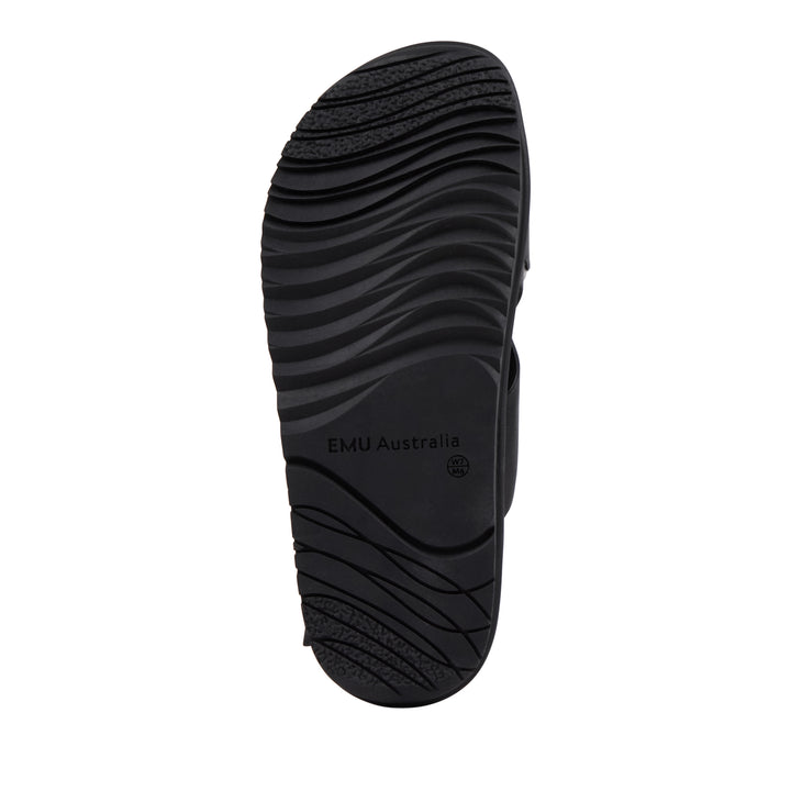 EMU Australia Faye Black leather crossover sandal sole bottom view