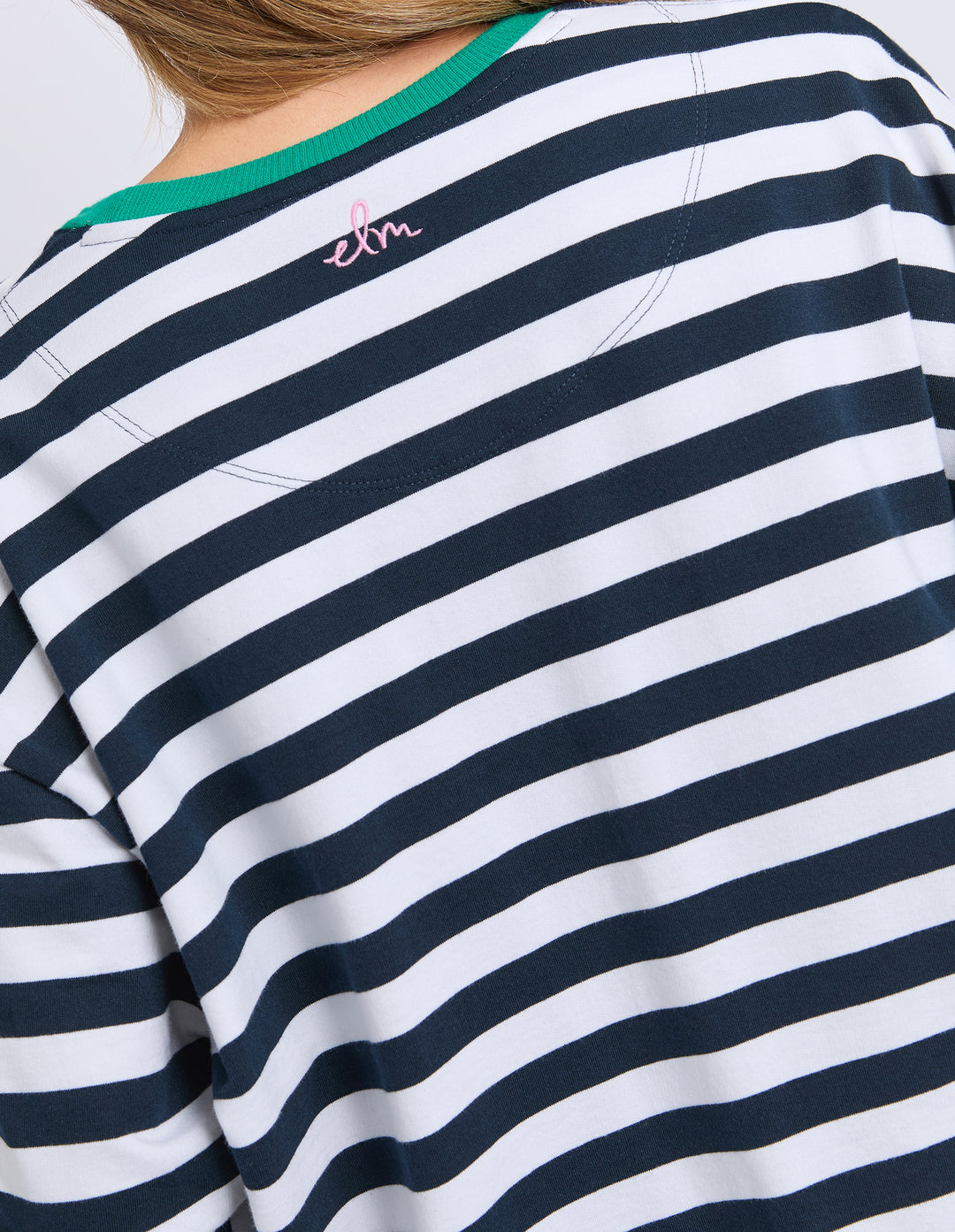 Elm Maps Crew Navy White Stripe back close-up view.