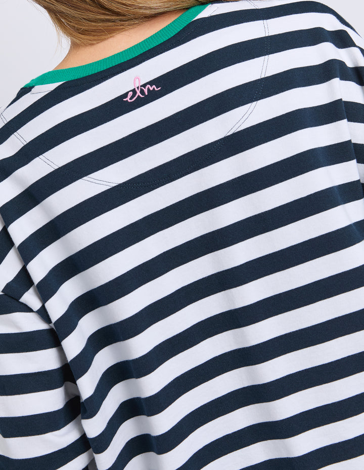 Elm Maps Crew Navy White Stripe back close-up view.