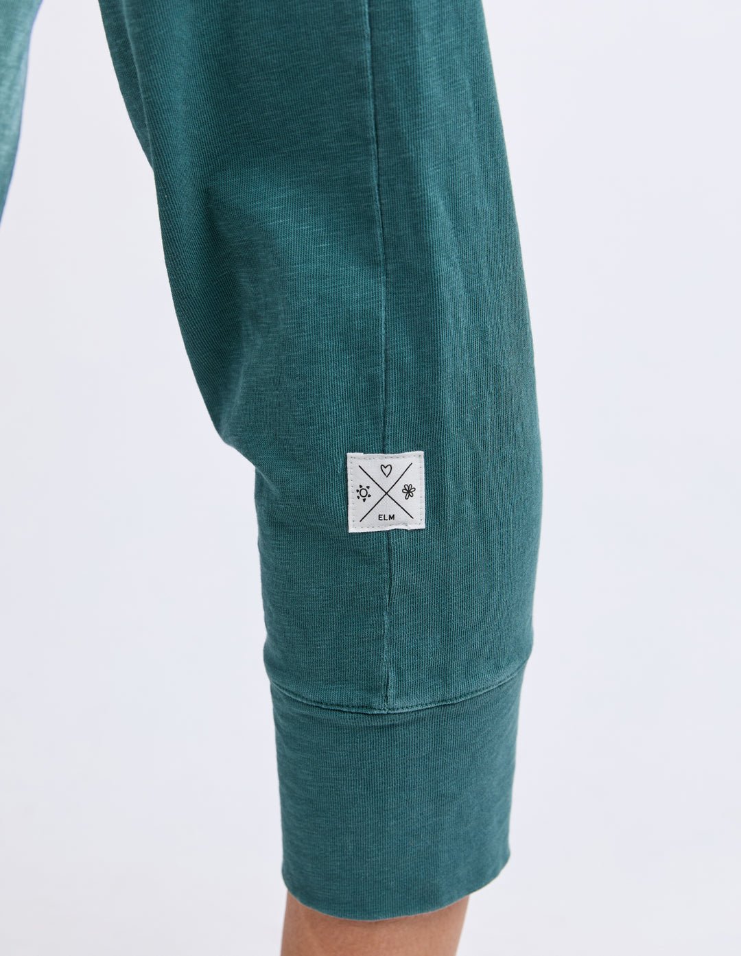 Elm Brunch Pant Teal ribbed cuff close-up view.