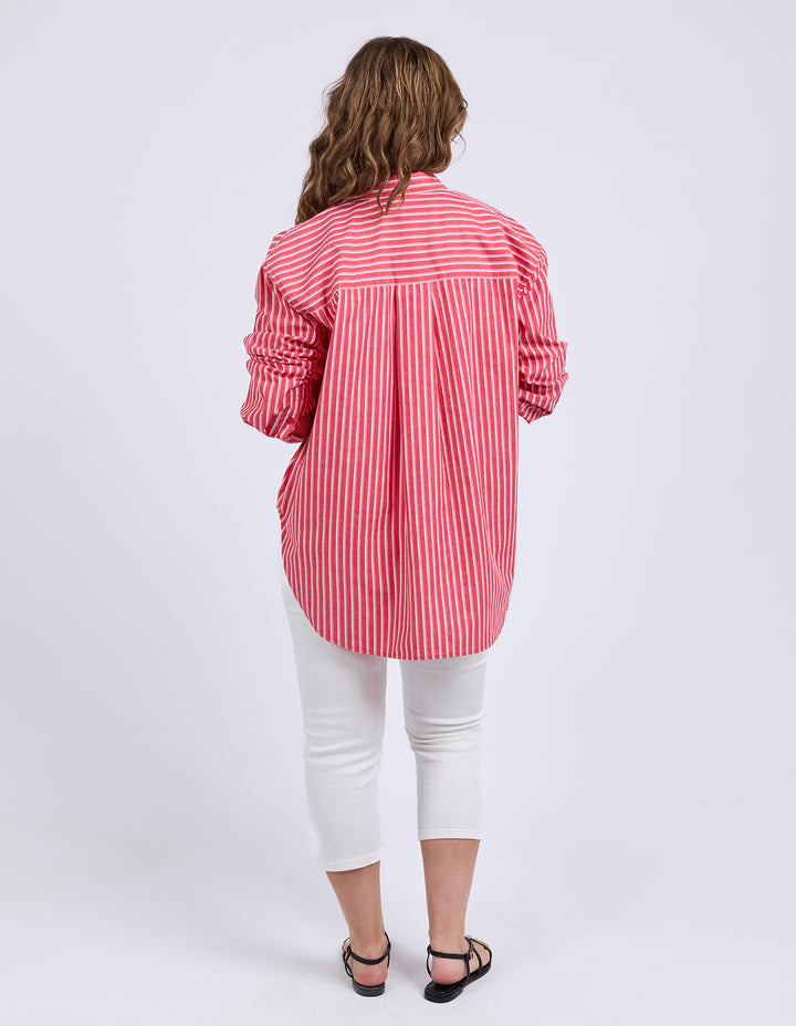 ELM Frankie striped cotton poplin shirt Cayenne Stripe back view.