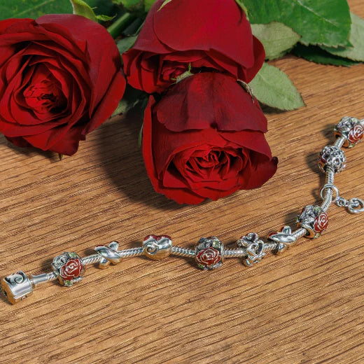 Evolve Charm Rose Devotion silver bracelet with red roses