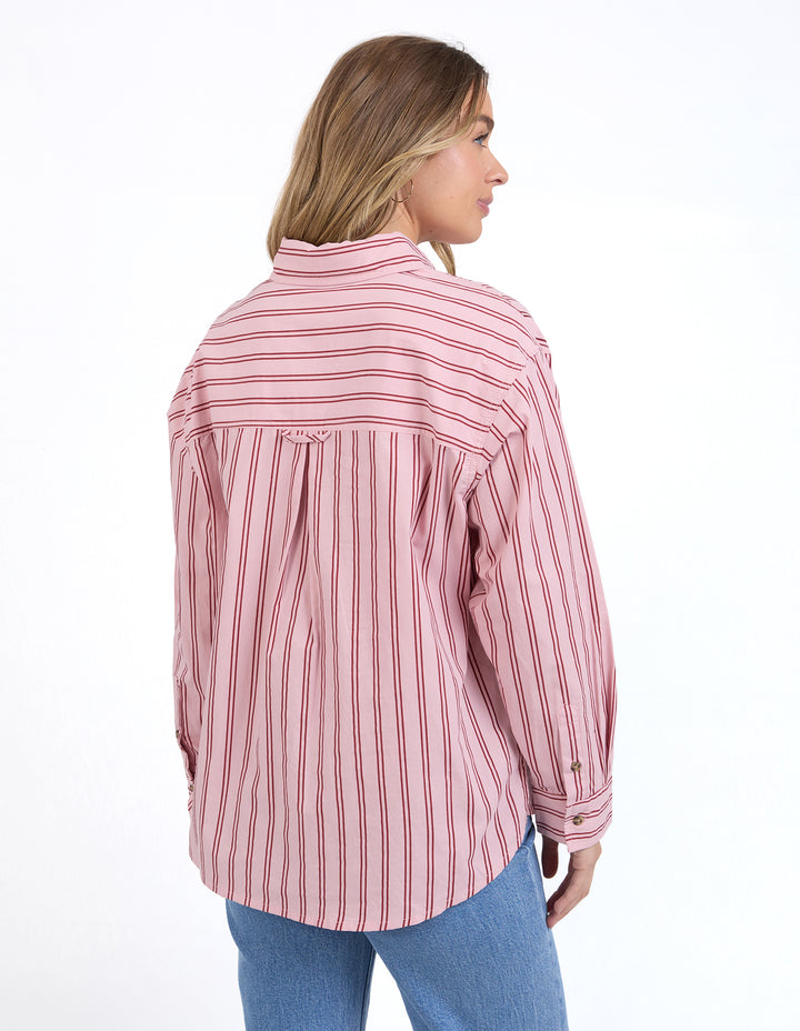 Foxwood Staple Shirt in pink and berry stripe - back view. 