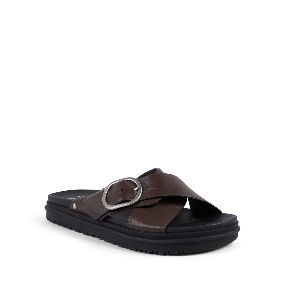 EMU Australia Ebony espresso brown leather crossover buckle slide sandal front view