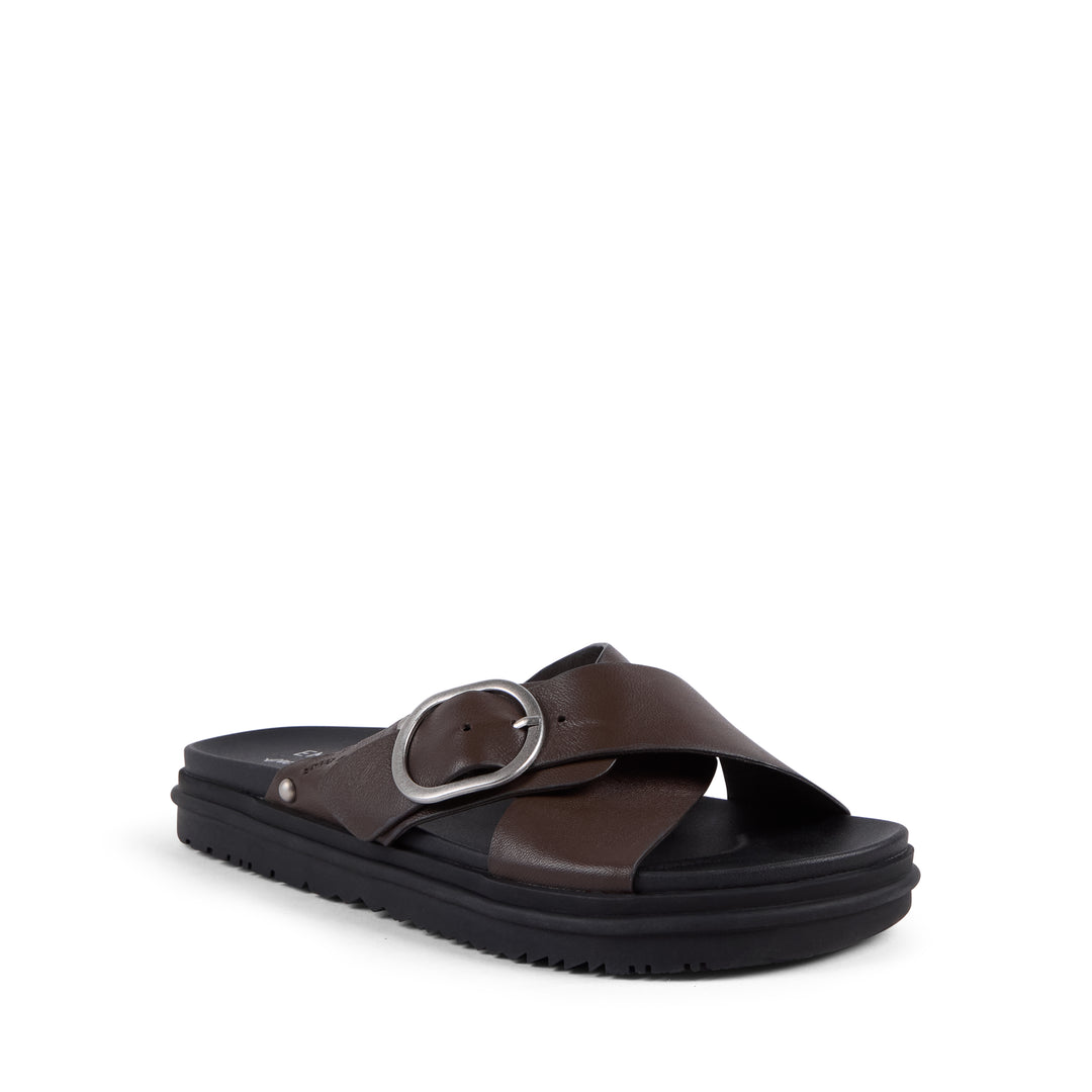 EMU Australia Ebony espresso brown leather crossover buckle slide sandal front view