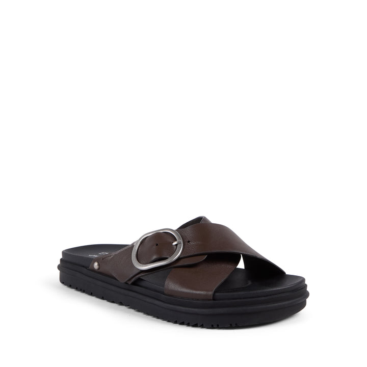 EMU Australia Ebony espresso brown leather crossover buckle slide sandal front view