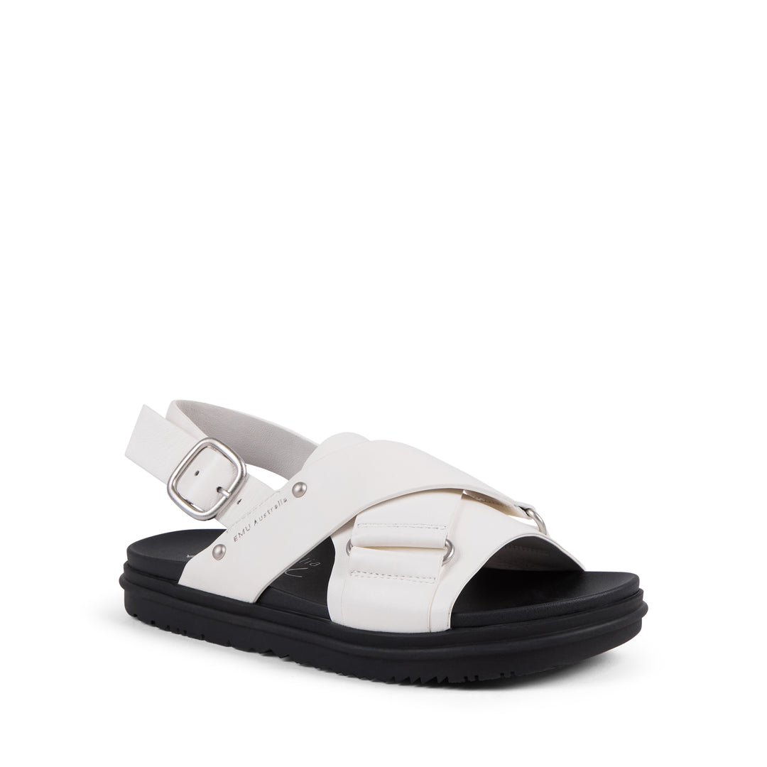 EMU Australia Faye Coconut white leather crossover buckle sandal front view.
