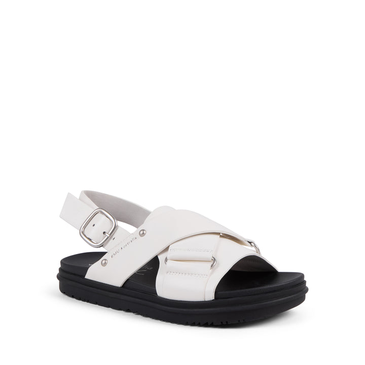 EMU Australia Faye Coconut white leather crossover buckle sandal front view.