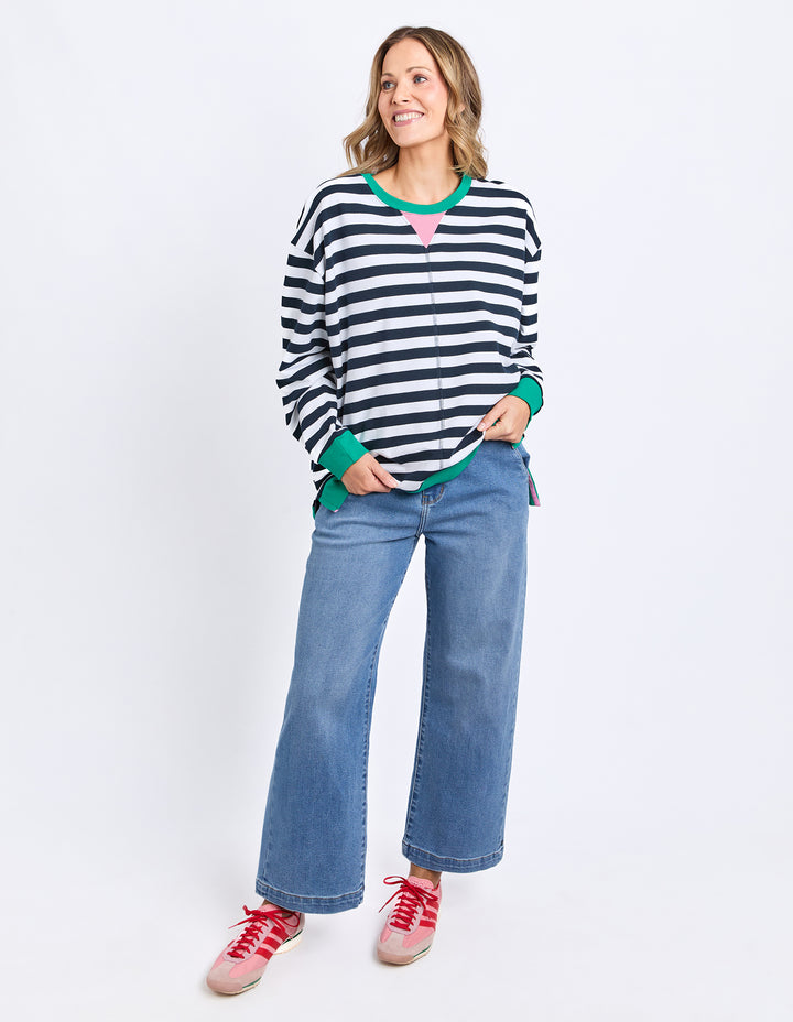 Elm Maps Crew Navy White Stripe front three-quarter view.