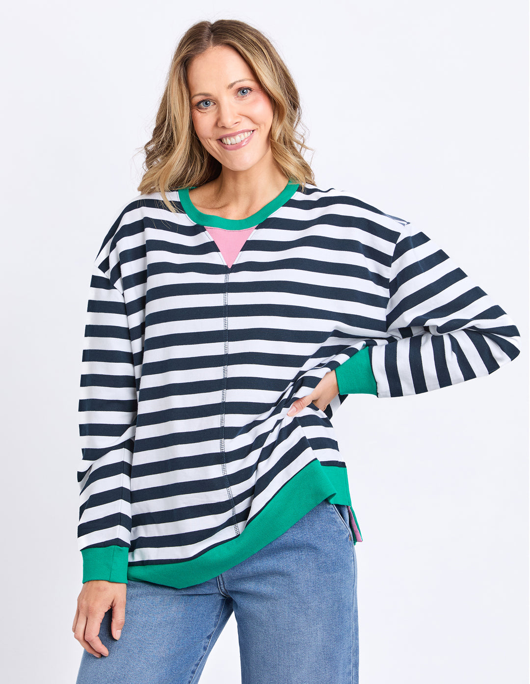 Elm Maps Crew Navy White Stripe front three-quarter view.