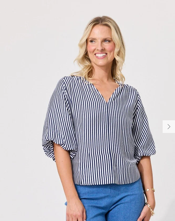 Lemon Tree Manuela Top in Navy Stripe front view featuring balloon sleeves and collarless V-neckline.
