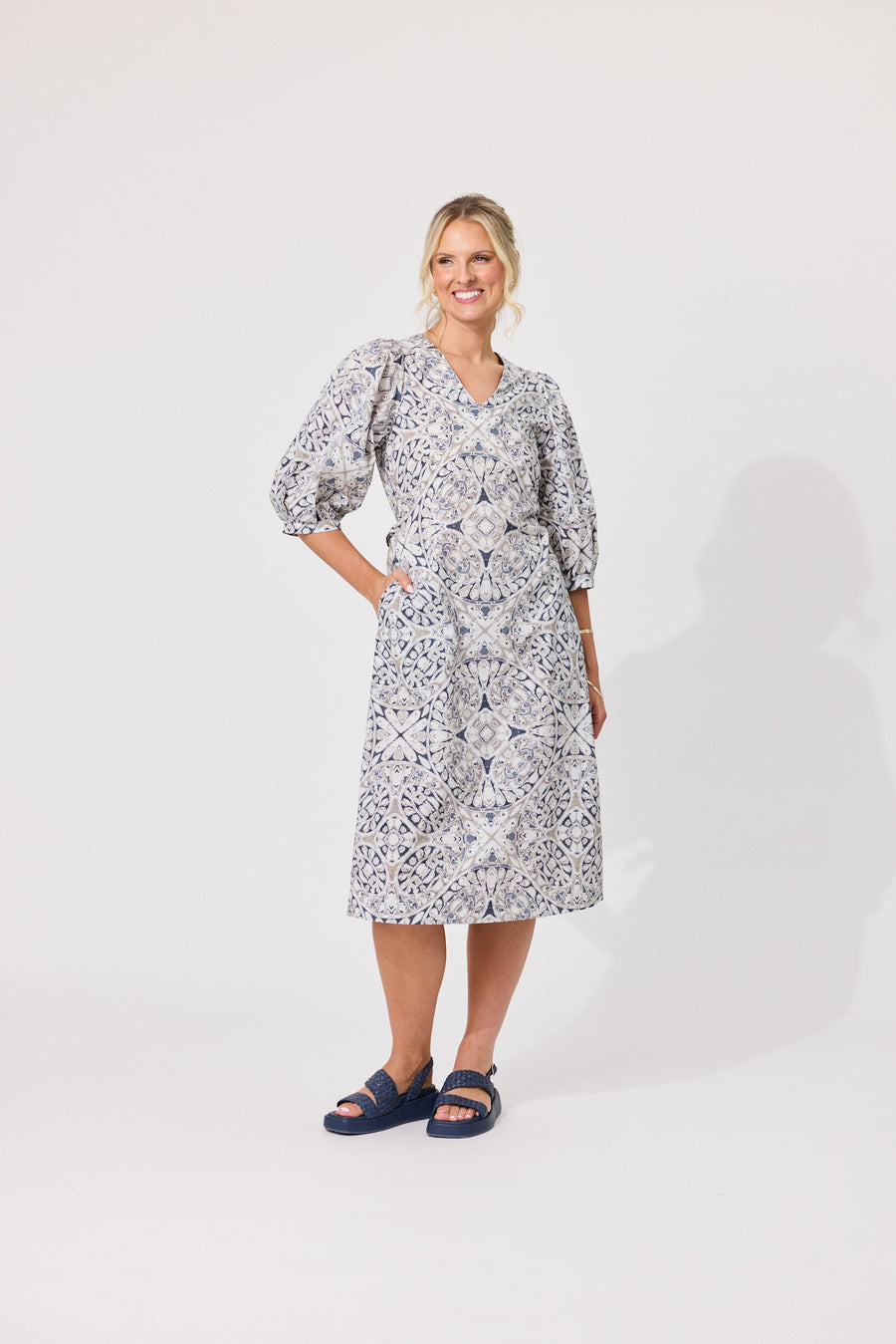Front view of Lemon Tree Nika Dress in Mosaic Print featuring 100% cotton fabric and puff sleeves.