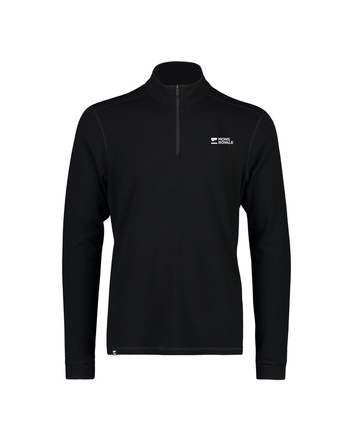 Mons Royale Mens Cascade Merino Base Layer 1/4 Zip Black front view