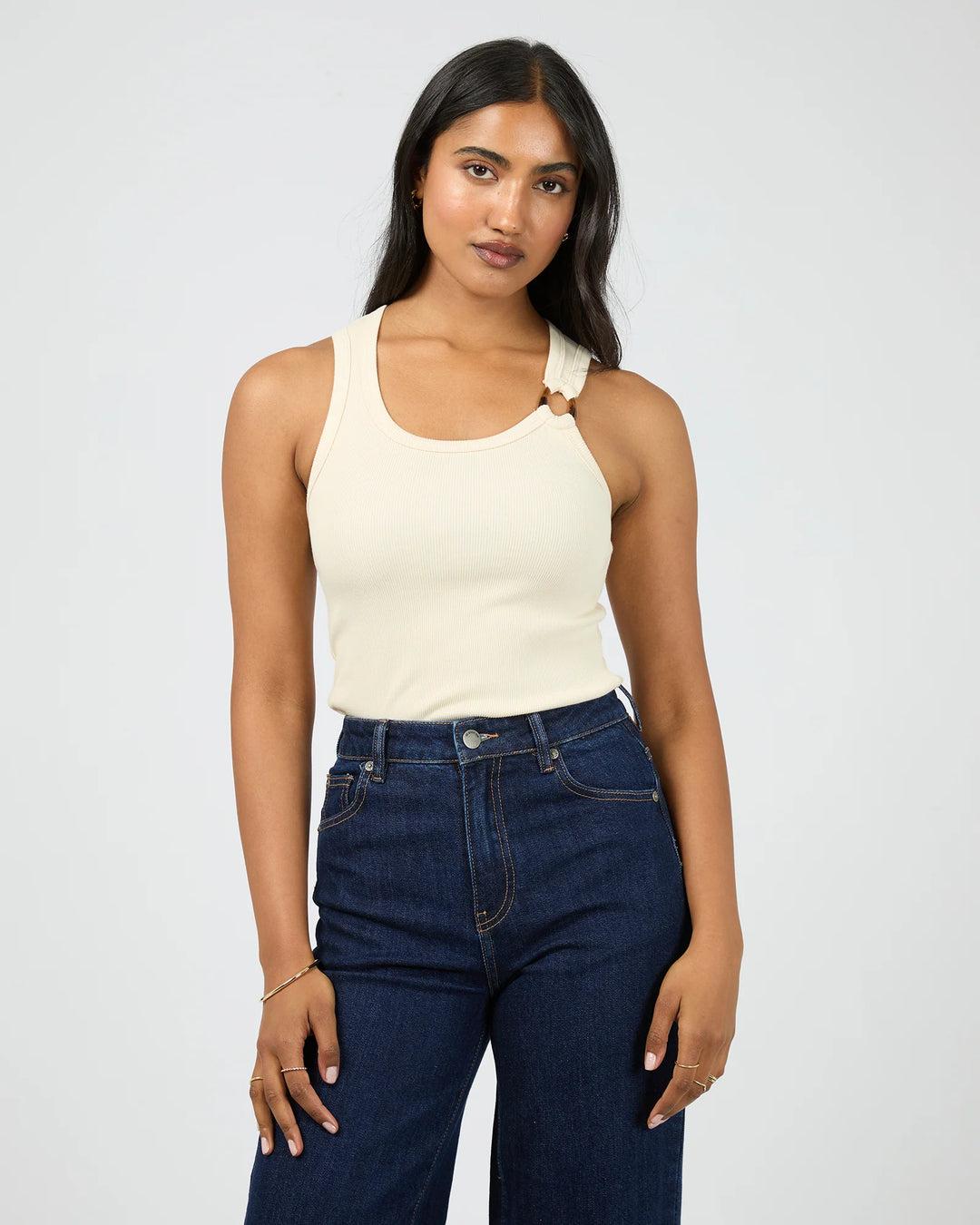 All About Eve Sierra Tank in Vanilla with strap detail, front view