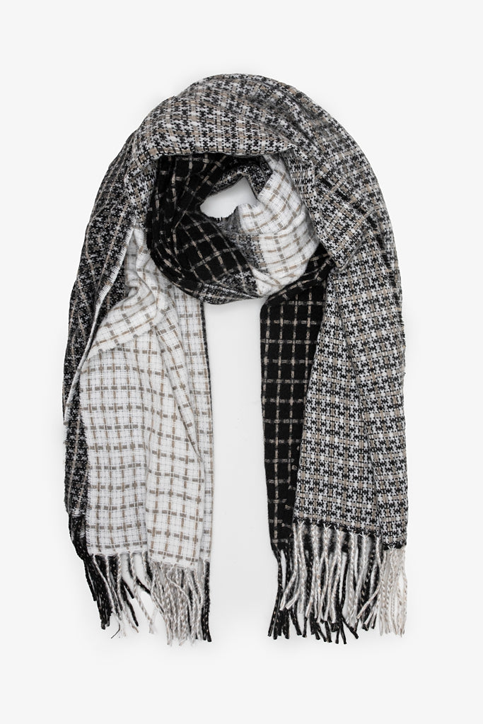 Antler Gridline Check Scarf in Black Grey White front view