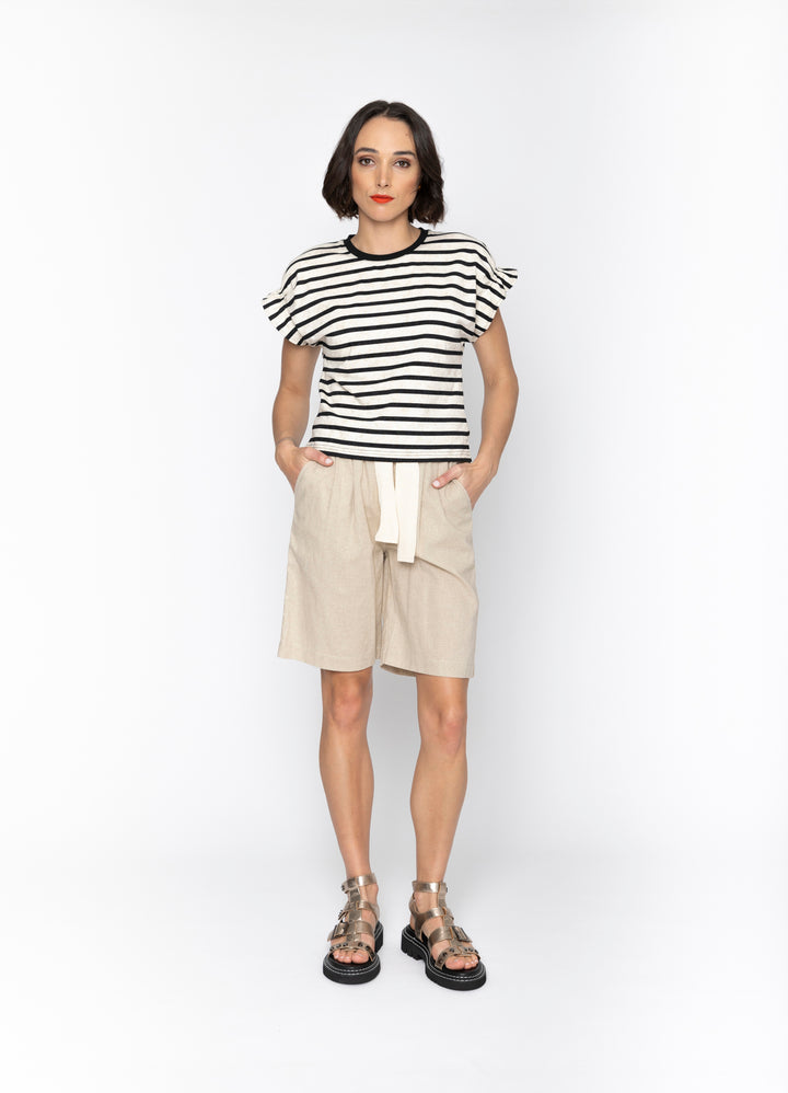 Blacklist Aria Top in Stripe with pleated short sleeves, front view