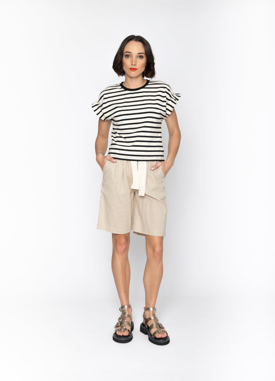 Blacklist Aria Top in Stripe with pleated short sleeves, front view