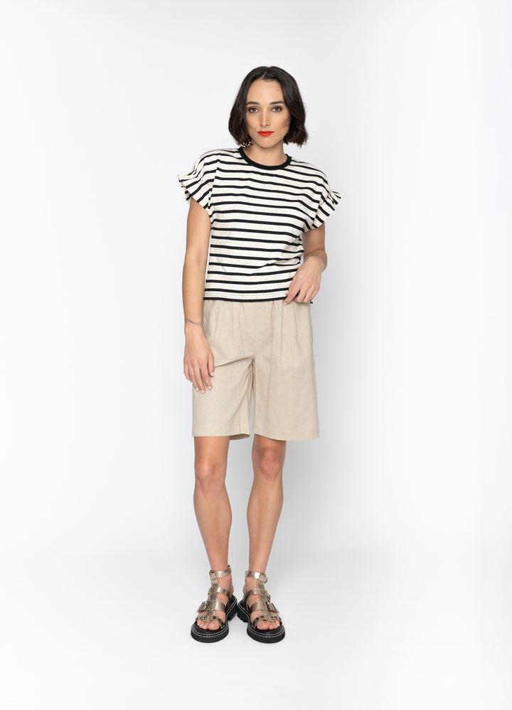 Blacklist Aria Top in Stripe with pleated short sleeves, front view