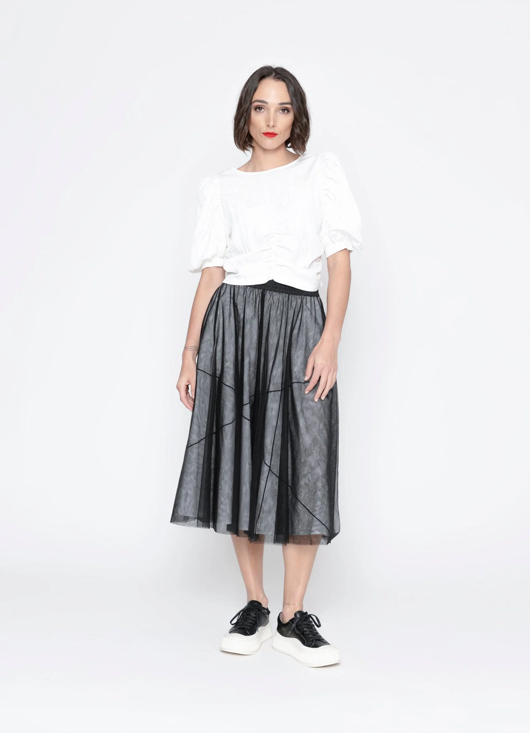 Blacklist Cristina Skirt in White + Black Mesh overlay, front view