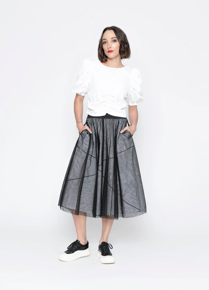 Blacklist Cristina Skirt in White + Black Mesh overlay, front view