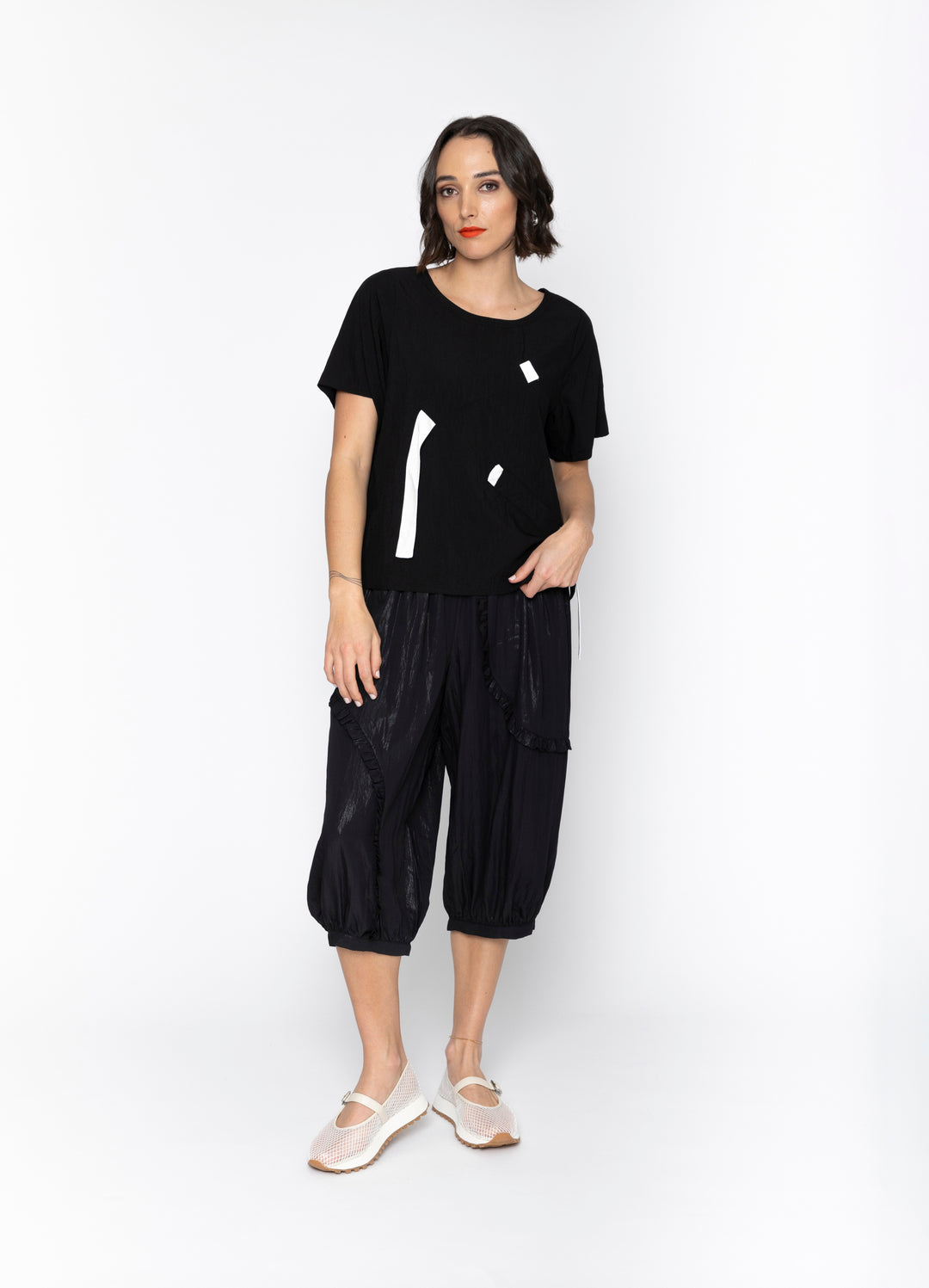 Blacklist Dallas Top in Black + White Trim with ribbon tabs, front view