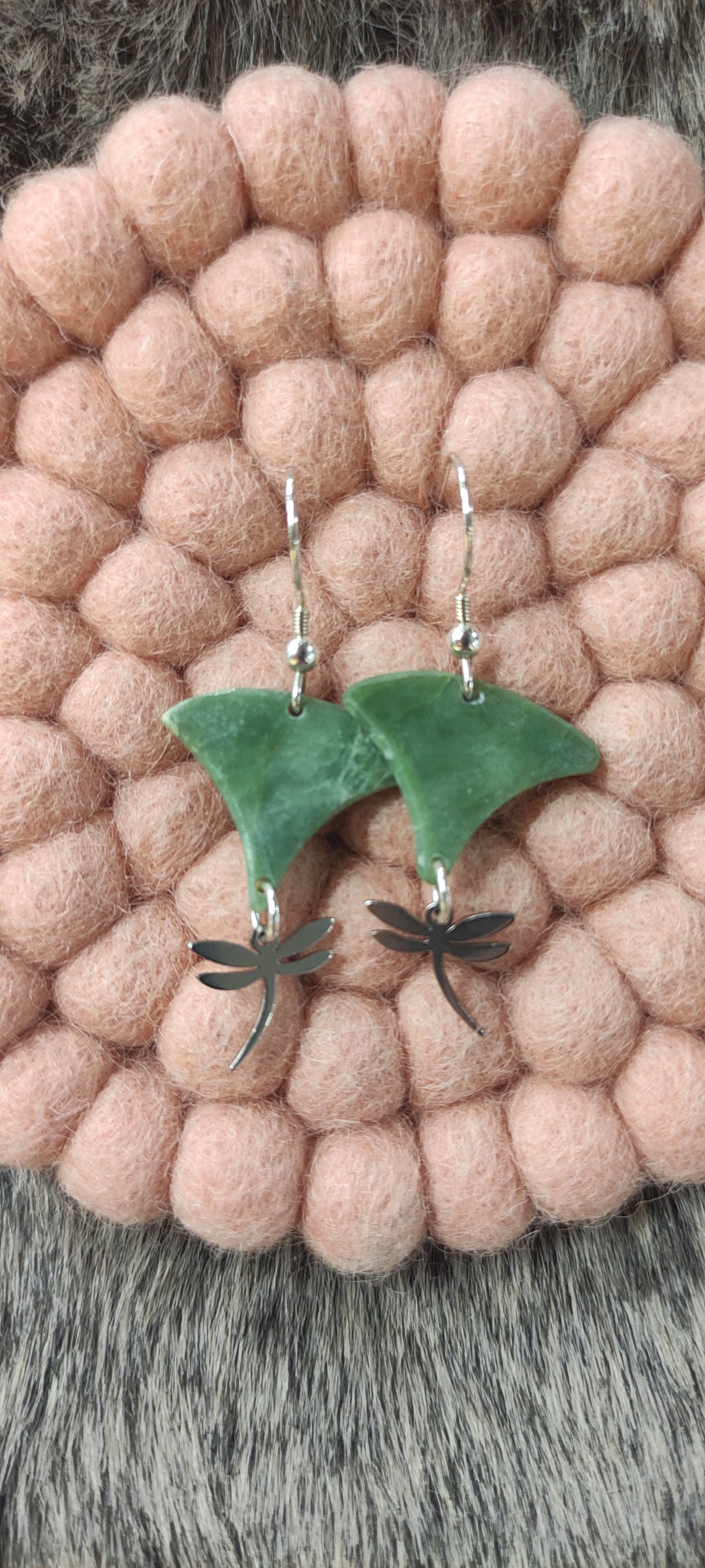 Jens Earring NZ Jade Fan with Sterling Silver Dragonfly front view