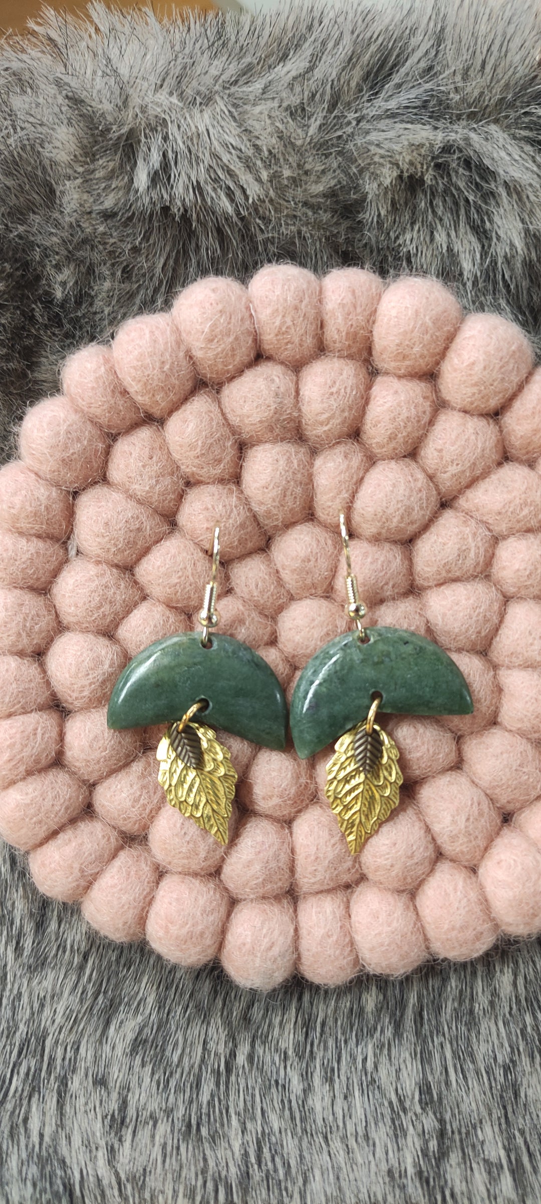 Jens Earring NZ Jade Half Round with Gold Filled Leaf front view