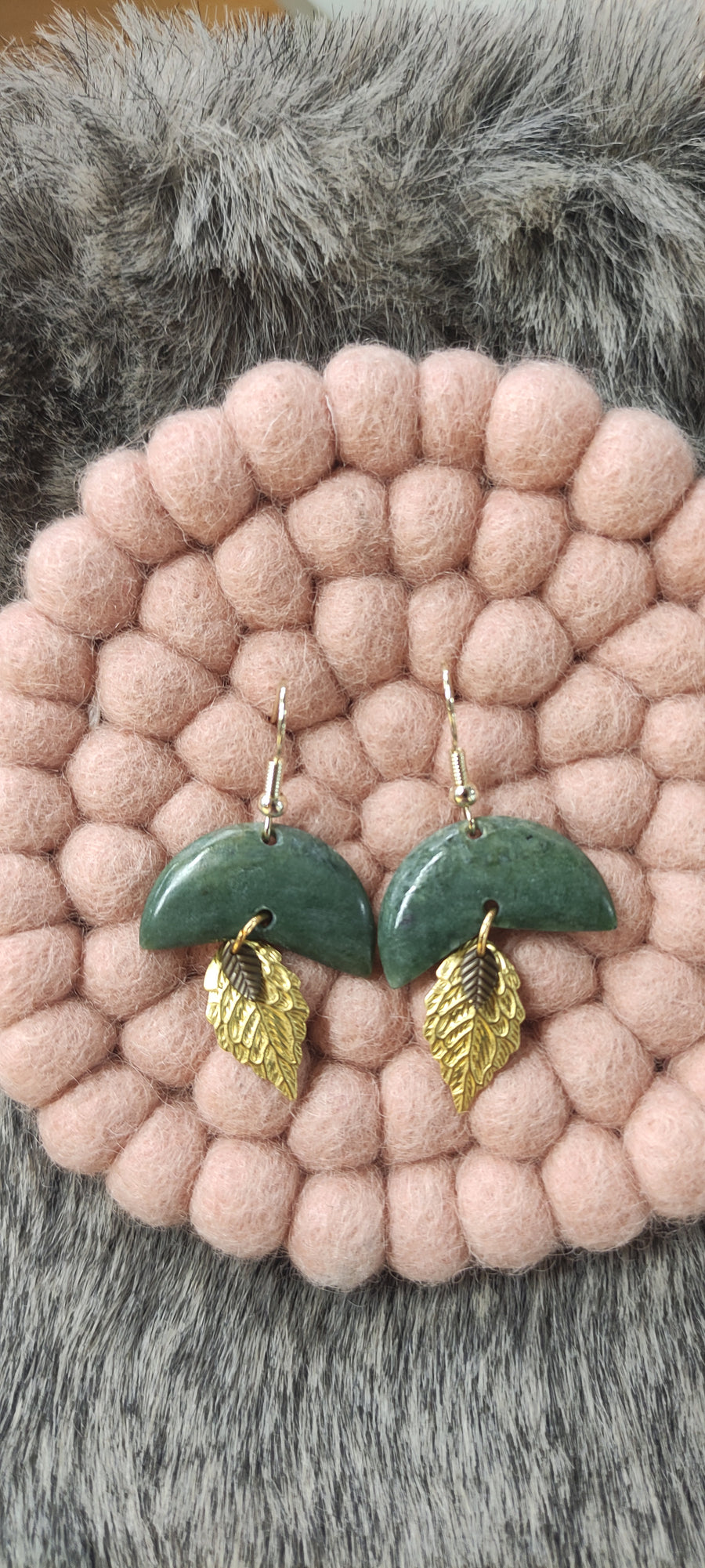 Jens Earring NZ Jade Half Round with Gold Filled Leaf front view