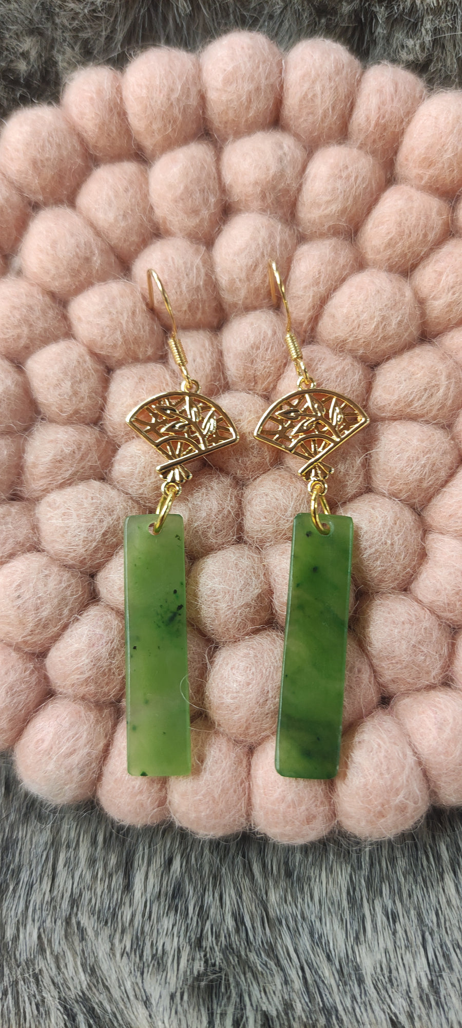 Jens Earring NZ Jade Rectangular Drop from Gold Filled Fan front view
