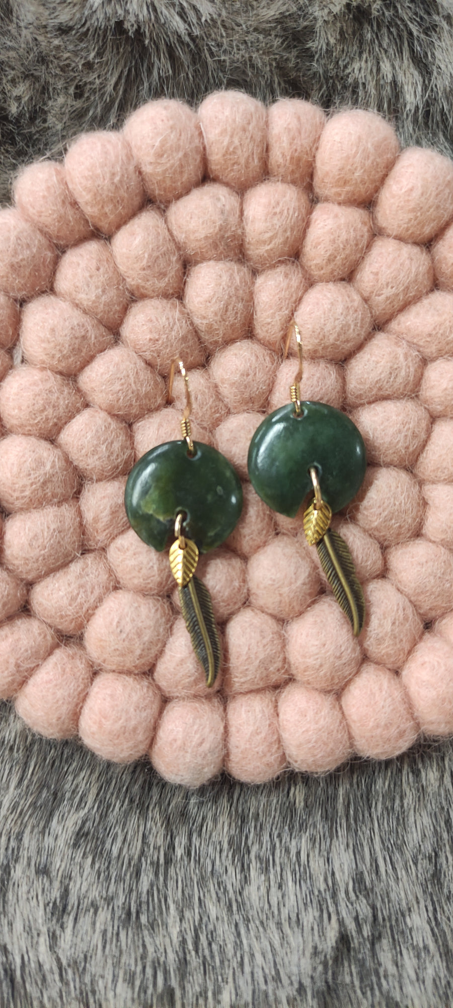 Jens Earring NZ Jade Round with Gold Filled Fern front view