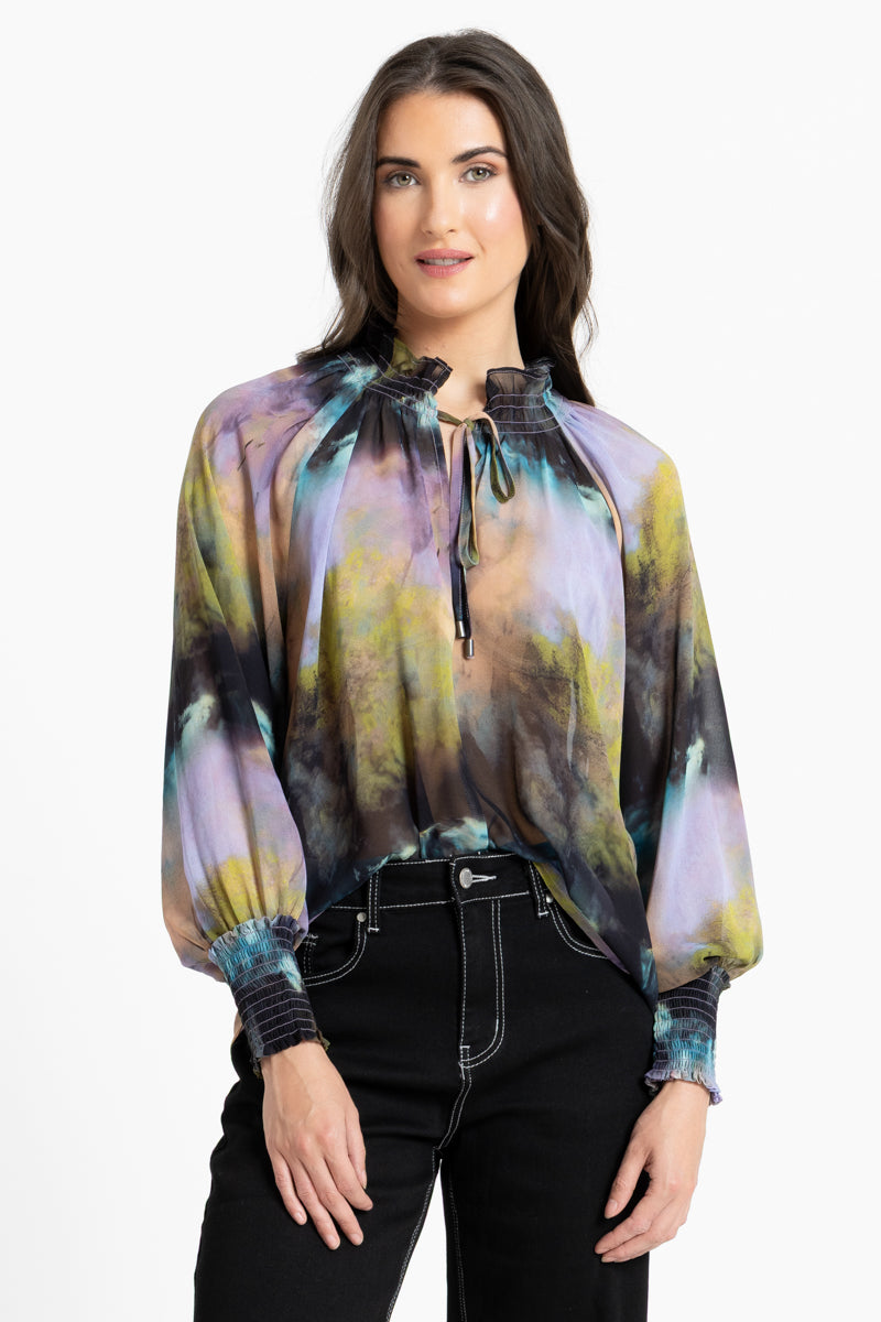Leila + Luca Encourage Top in Galaxy tie-dye print front view