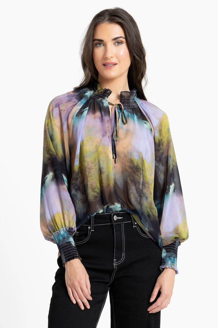 Leila + Luca Encourage Top in Galaxy tie-dye print front view